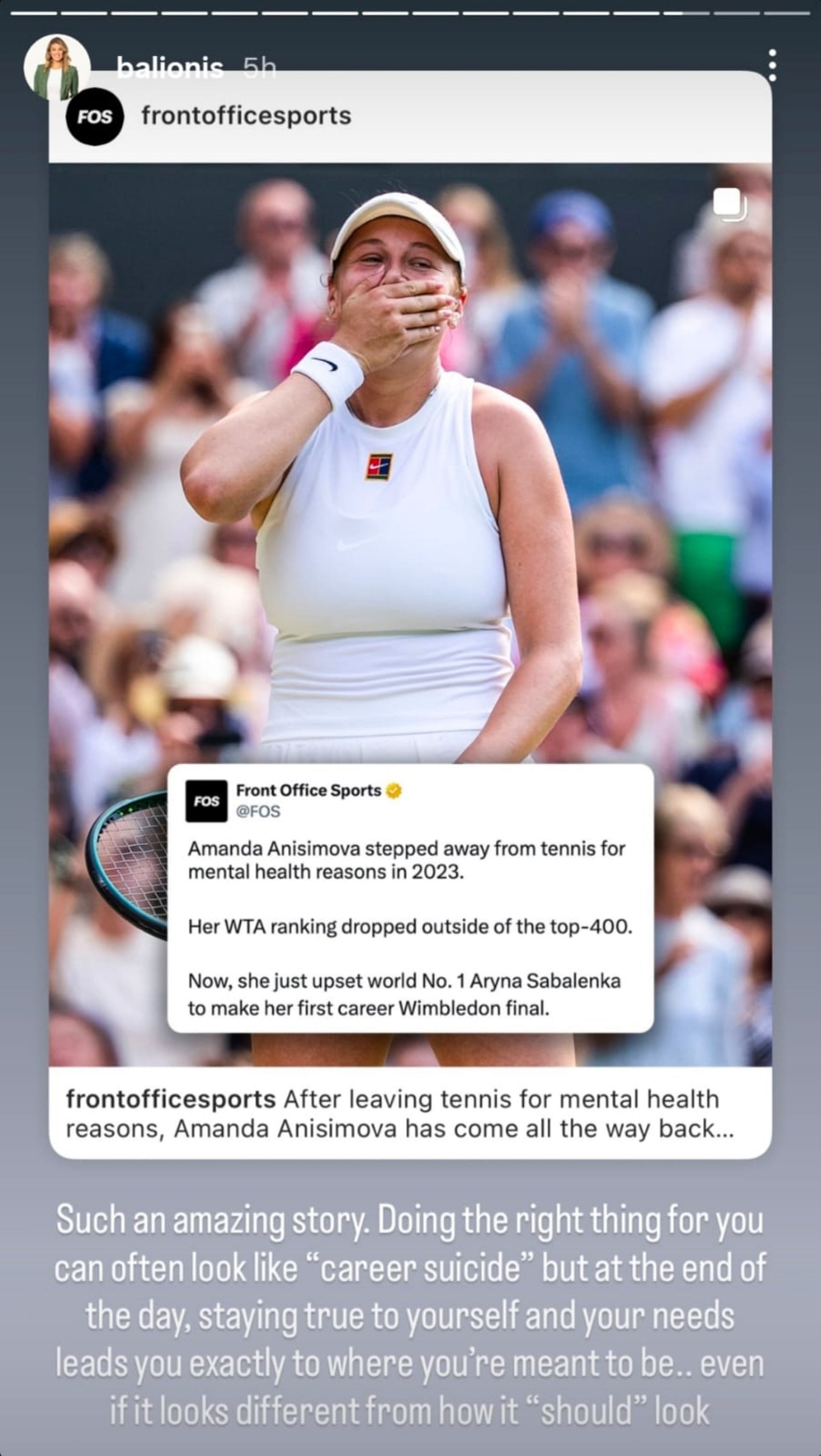 Screenshot of Amanda Balionis’ Instagram Story as she praises Amanda Anisimova’s Wimbledon win over Aryna Sabalenka | Credit: @balionis on Instagram